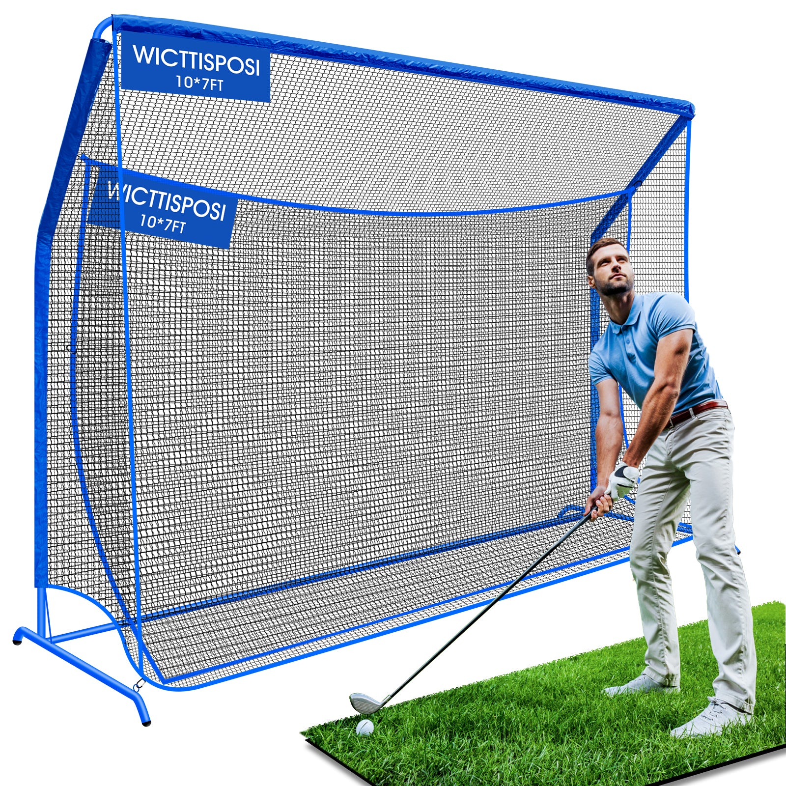 WICTTISPOSI Golf Hitting Net with Extra Striking Net, 10x7ft Heavy Duty Golf Practice Nets for Golfers Backyard Driving Swing, Golf Impact Cage Metal Frame with Storage Bag&Elevated Base, Indoor Outdoor Use