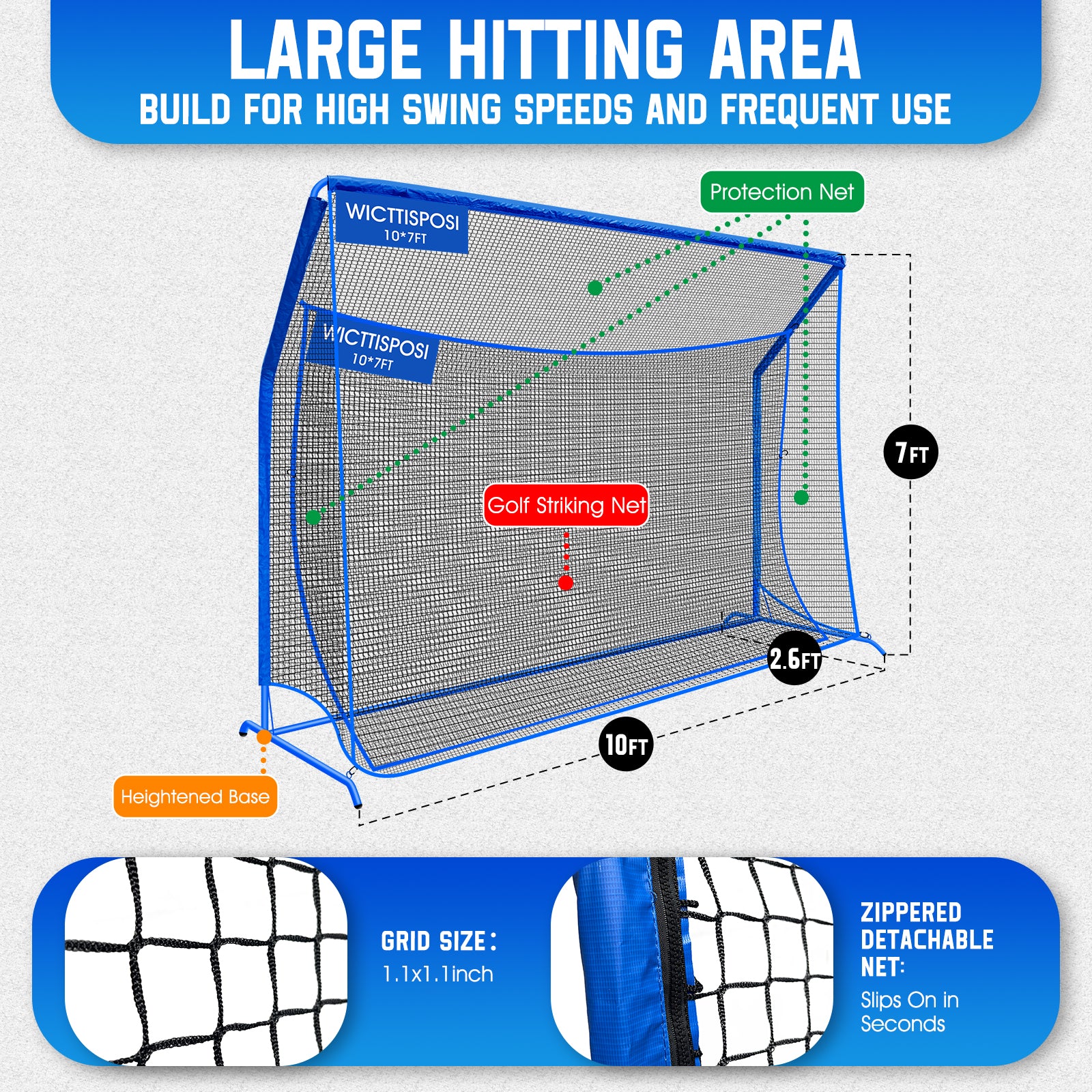 WICTTISPOSI Golf Hitting Net with Extra Striking Net, 10x7ft Heavy Duty Golf Practice Nets for Golfers Backyard Driving Swing, Golf Impact Cage Metal Frame with Storage Bag&Elevated Base, Indoor Outdoor Use