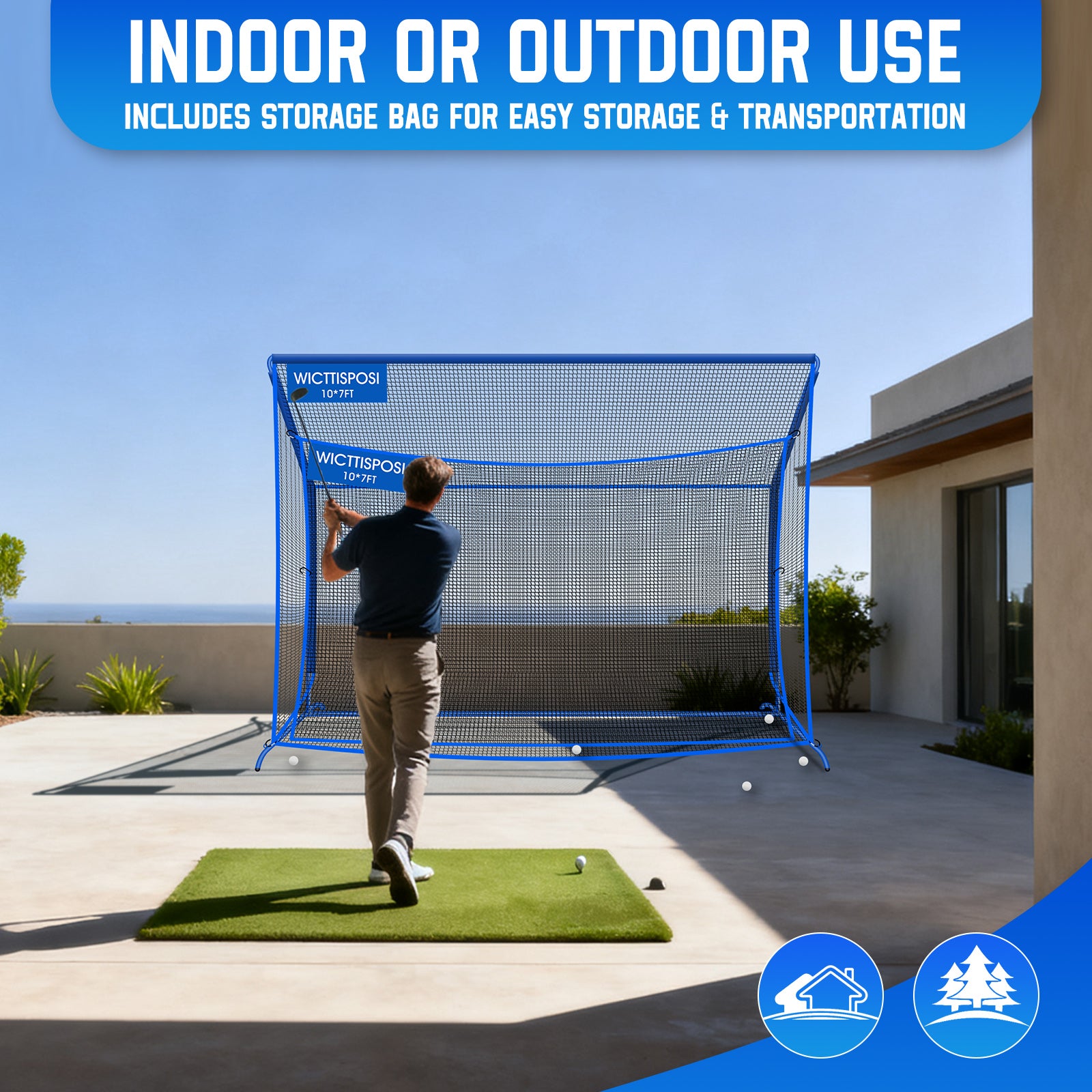 WICTTISPOSI Golf Hitting Net with Extra Striking Net, 10x7ft Heavy Duty Golf Practice Nets for Golfers Backyard Driving Swing, Golf Impact Cage Metal Frame with Storage Bag&Elevated Base, Indoor Outdoor Use