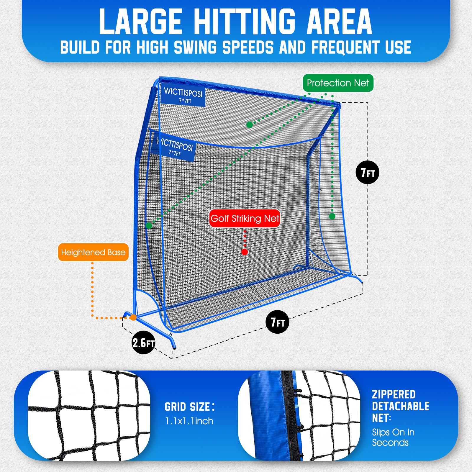 WICTTISPOSI Golf Hitting Net with Extra Striking Net, 7X7FT Heavy Duty Golf Practice Nets for Golfers Backyard Driving Swing, Golf Impact Cage Metal Frame with Storage Bag&Elevated Base, Indoor Outdoor Use (Copy)