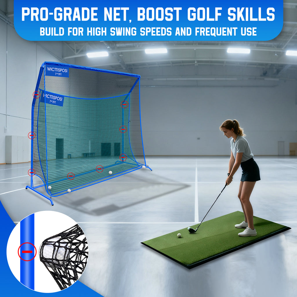 WICTTISPOSI Golf Hitting Net with Extra Striking Net, 7X7FT Heavy Duty Golf Practice Nets for Golfers Backyard Driving Swing, Golf Impact Cage Metal Frame with Storage Bag&Elevated Base, Indoor Outdoor Use (Copy)