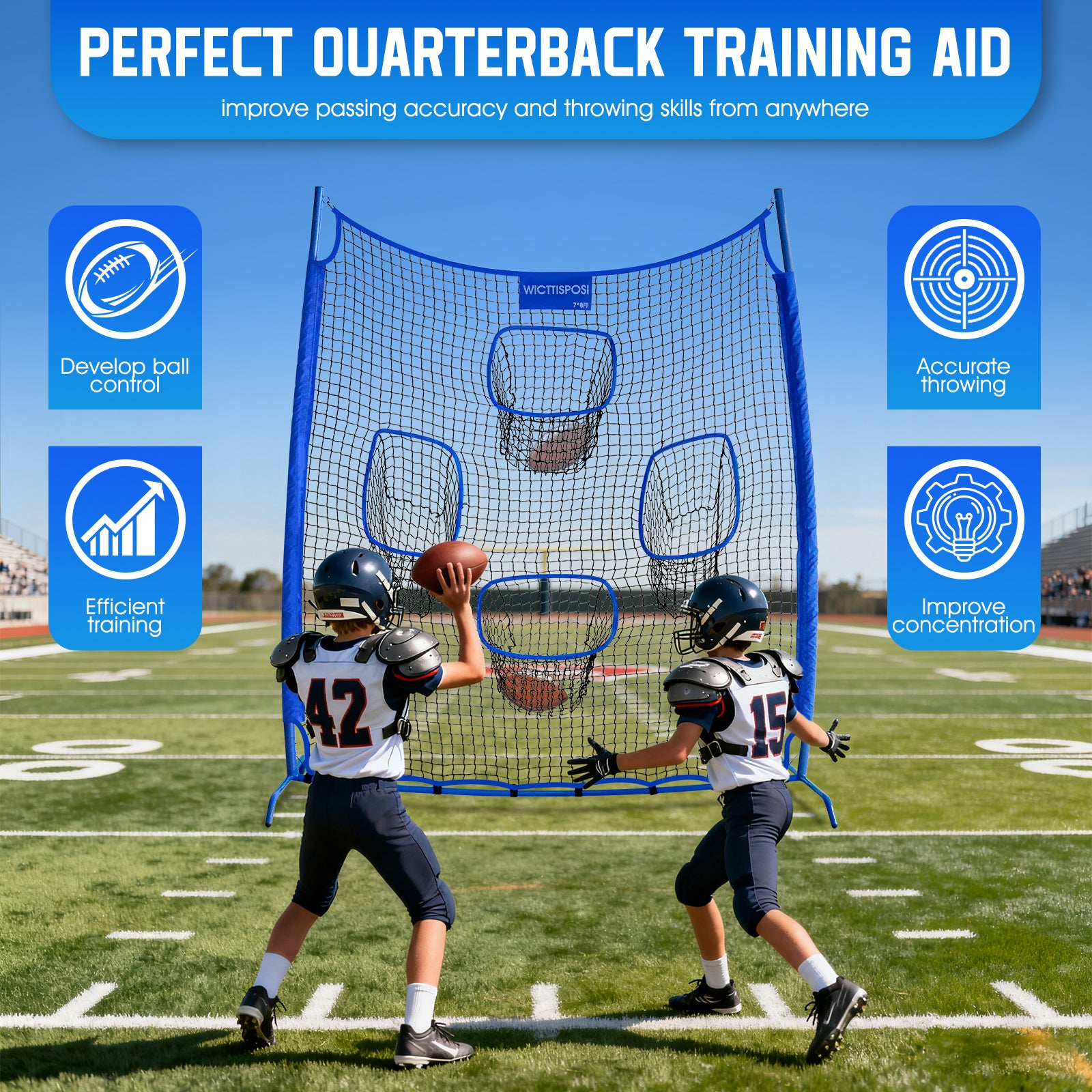 WICTTISPOSI Football Throwing Net, Upgrade Heavy Duty Metal Frame Quarterback Training Equipment Throwing Machine with 1-4 Targets, Easy Setup Football Target Practice with CarryBag, Allweather Indoor Outdoor Use 7X8FT