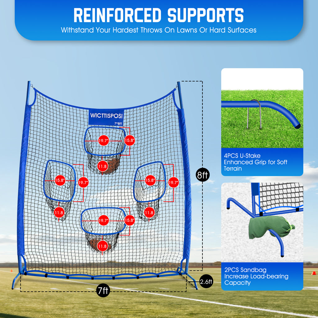 WICTTISPOSI Football Throwing Net, Upgrade Heavy Duty Metal Frame Quarterback Training Equipment Throwing Machine with 1-4 Targets, Easy Setup Football Target Practice with CarryBag, Allweather Indoor Outdoor Use 7X8FT