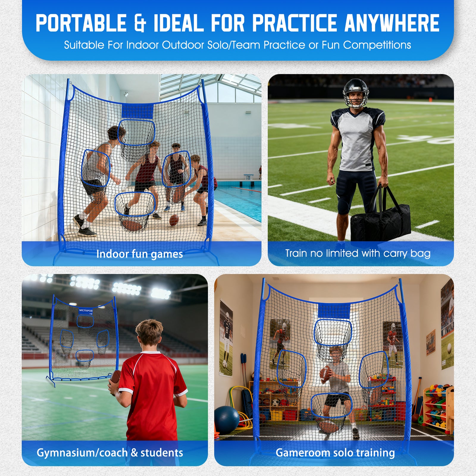 WICTTISPOSI Football Throwing Net, Upgrade Heavy Duty Metal Frame Quarterback Training Equipment Throwing Machine with 1-4 Targets, Easy Setup Football Target Practice with CarryBag, Allweather Indoor Outdoor Use 7X8FT