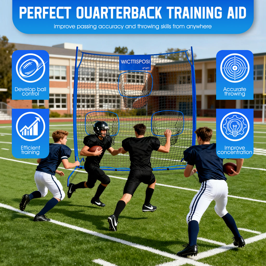 WICTTISPOSI Football Throwing Net, Upgrade Heavy Duty Metal Frame Quarterback Training Equipment Throwing Machine with 1-4 Targets, Easy Setup Football Target Practice with CarryBag, Allweather Indoor Outdoor Use 6.2X6FT