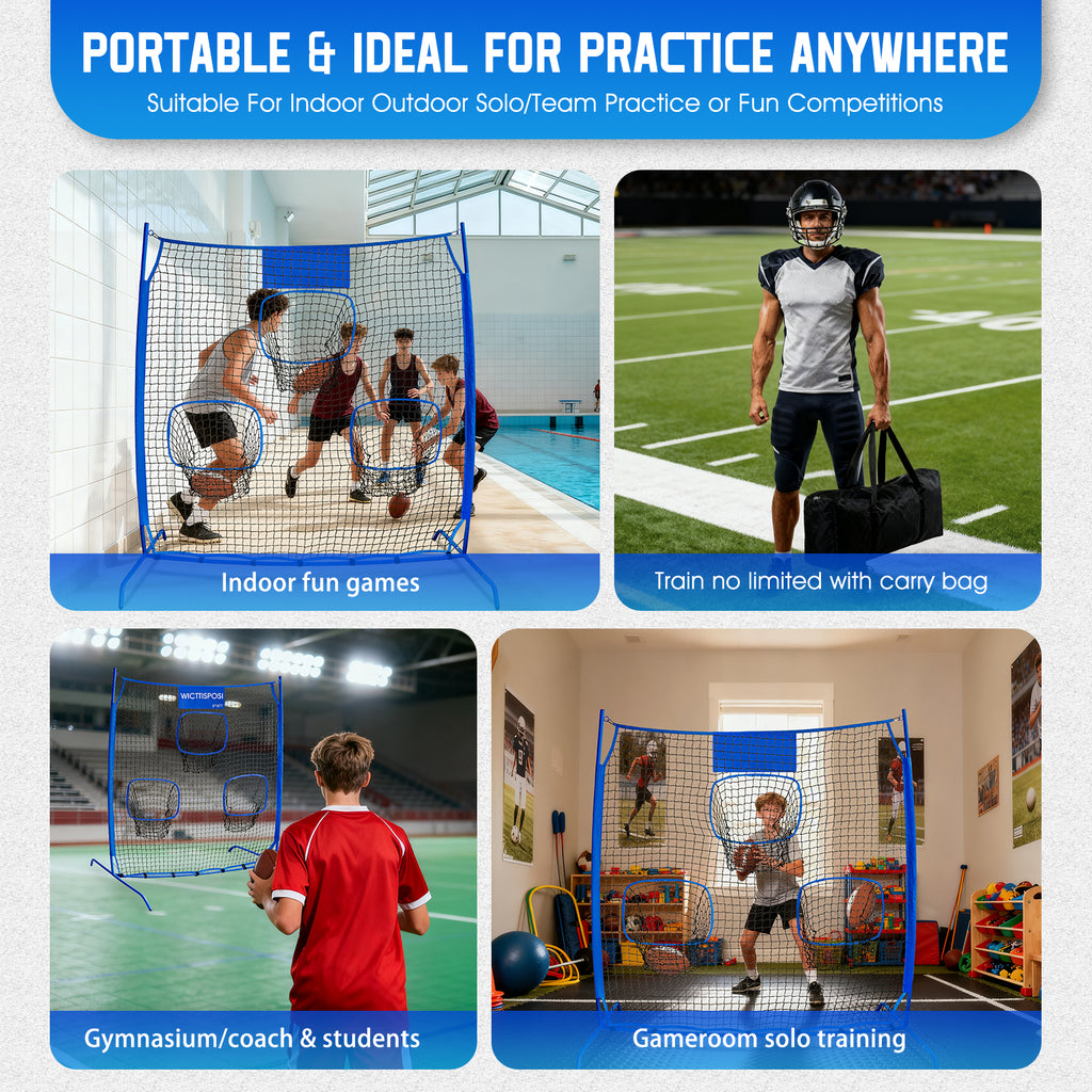 WICTTISPOSI Football Throwing Net, Upgrade Heavy Duty Metal Frame Quarterback Training Equipment Throwing Machine with 1-4 Targets, Easy Setup Football Target Practice with CarryBag, Allweather Indoor Outdoor Use 6.2X6FT