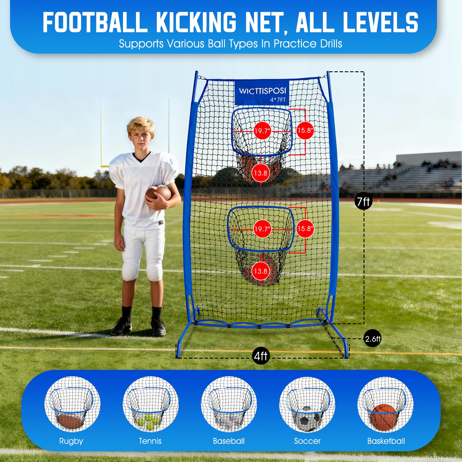 WICTTISPOSI Football Throwing Net, Upgrade Heavy Duty Metal Frame Quarterback Training Equipment Throwing Machine with 1-4 Targets, Easy Setup Football Target Practice with CarryBag, Allweather Indoor Outdoor Use 4X7FT