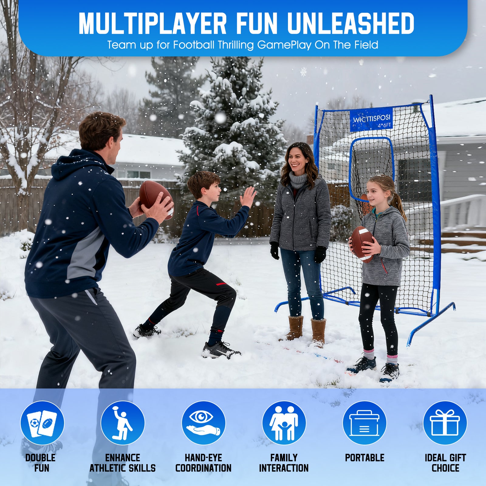 WICTTISPOSI Football Throwing Net, Upgrade Heavy Duty Metal Frame Quarterback Training Equipment Throwing Machine with 1-4 Targets, Easy Setup Football Target Practice with CarryBag, Allweather Indoor Outdoor Use 4X6FT