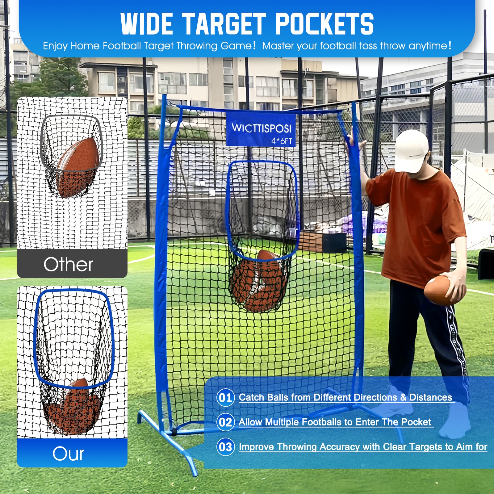 WICTTISPOSI Football Throwing Net, Upgrade Heavy Duty Metal Frame Quarterback Training Equipment Throwing Machine with 1-4 Targets, Easy Setup Football Target Practice with CarryBag, Allweather Indoor Outdoor Use 4X6FT