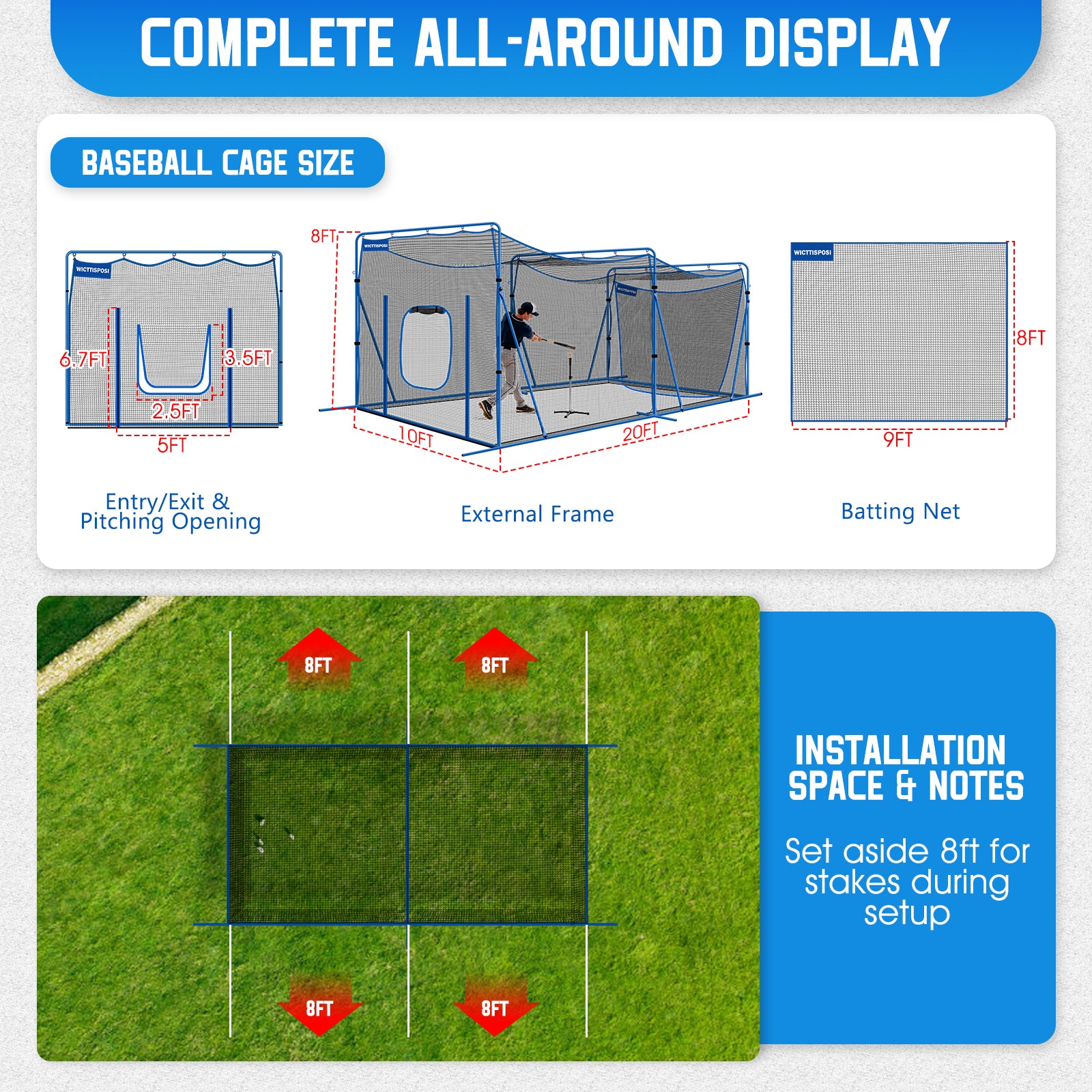 WICTTISPOSI 20ftx10ftx8ft Baseball Softball Cage with Hitting Net,Dual Sided 7-Ply Netting for Batting/Pitching/Fielding,Heavy-Duty Metal Frame and Windproof Ropes for Backyard Outdoor Indoor