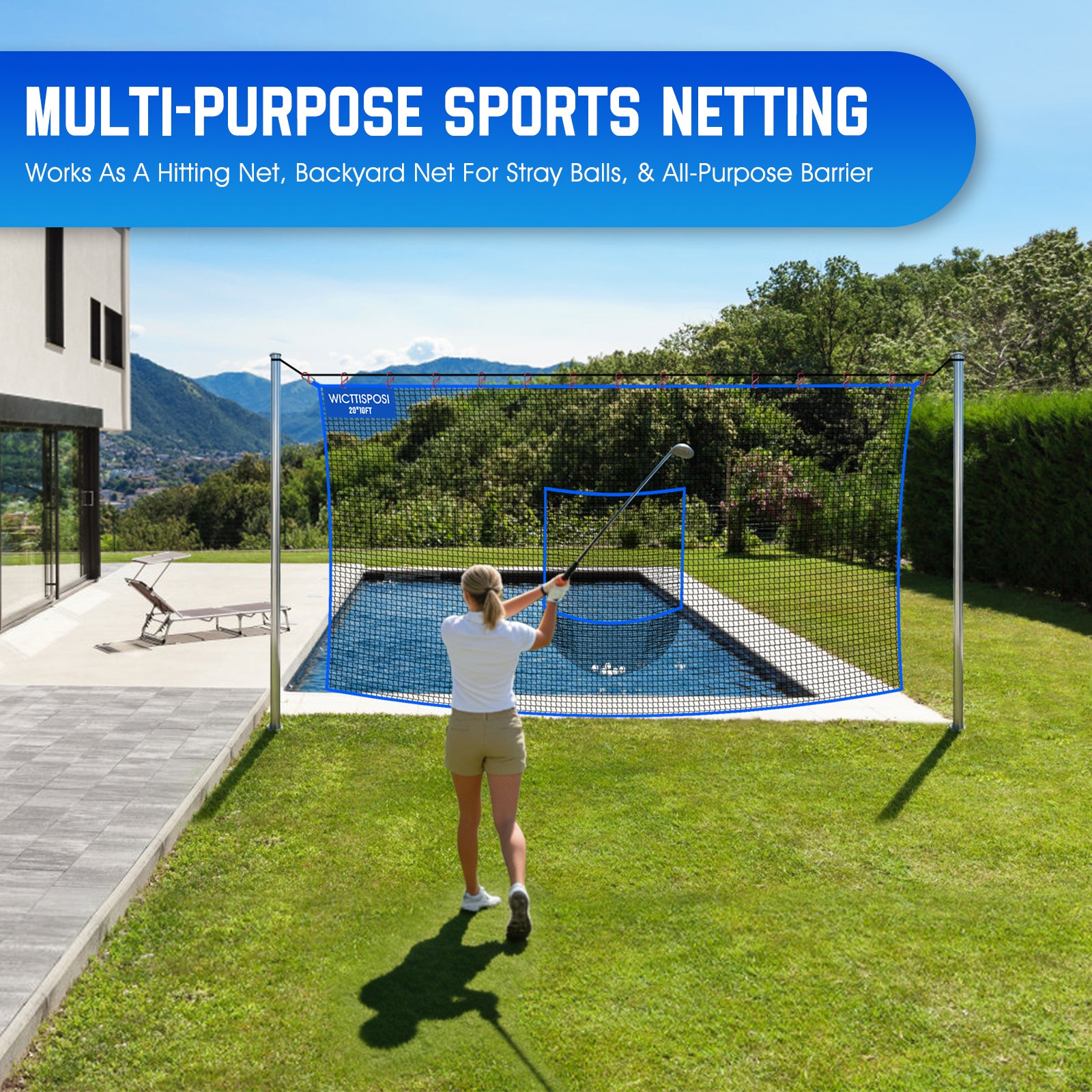WICTTISPOSI Golf Net with Target Pocket, 20ft/15ft/10ft Golf Practice Net, Heavy-Duty Multi Sports Netting Barrier, Golf Hitting Net for Golfer Garages Backyard Driving Swing Chipping, Indoor Outdoor Use 20x10FT